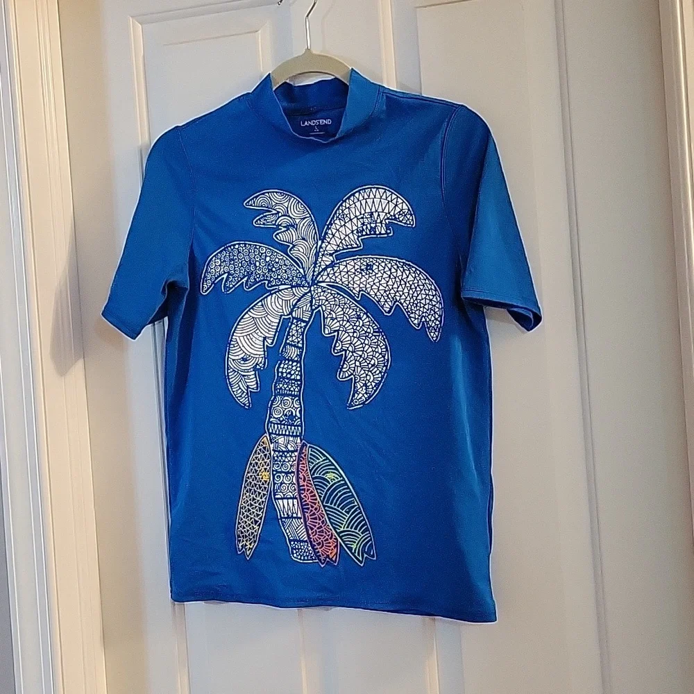 Lands End royal blue palm and surf rash guard large